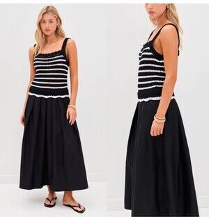 Madewell Poplin Crocheted Knit black and white striped Midi Dress Small